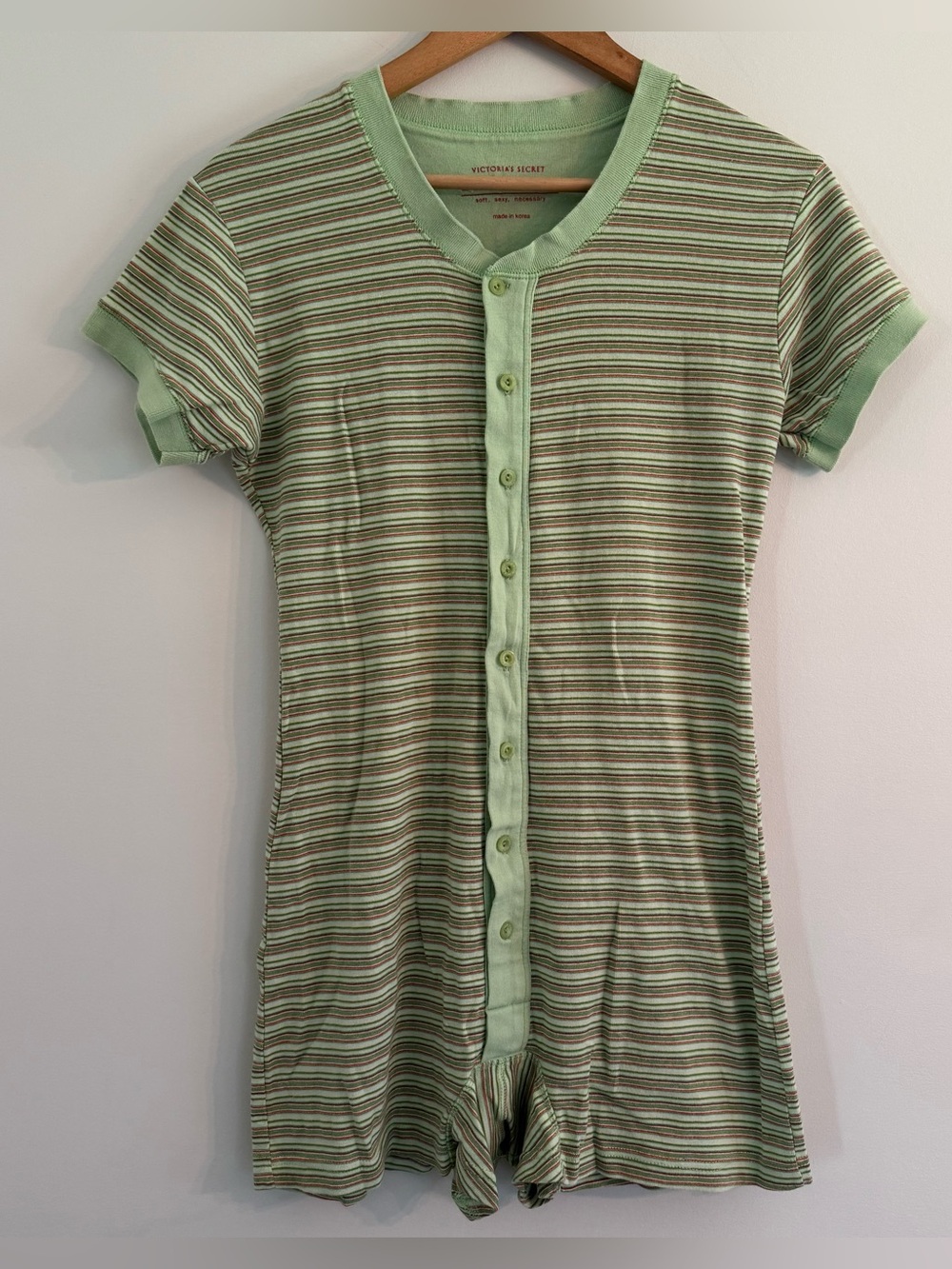 Victoria Secret Underware One Piece Green Stripe Romper Pajama Size M Y2K